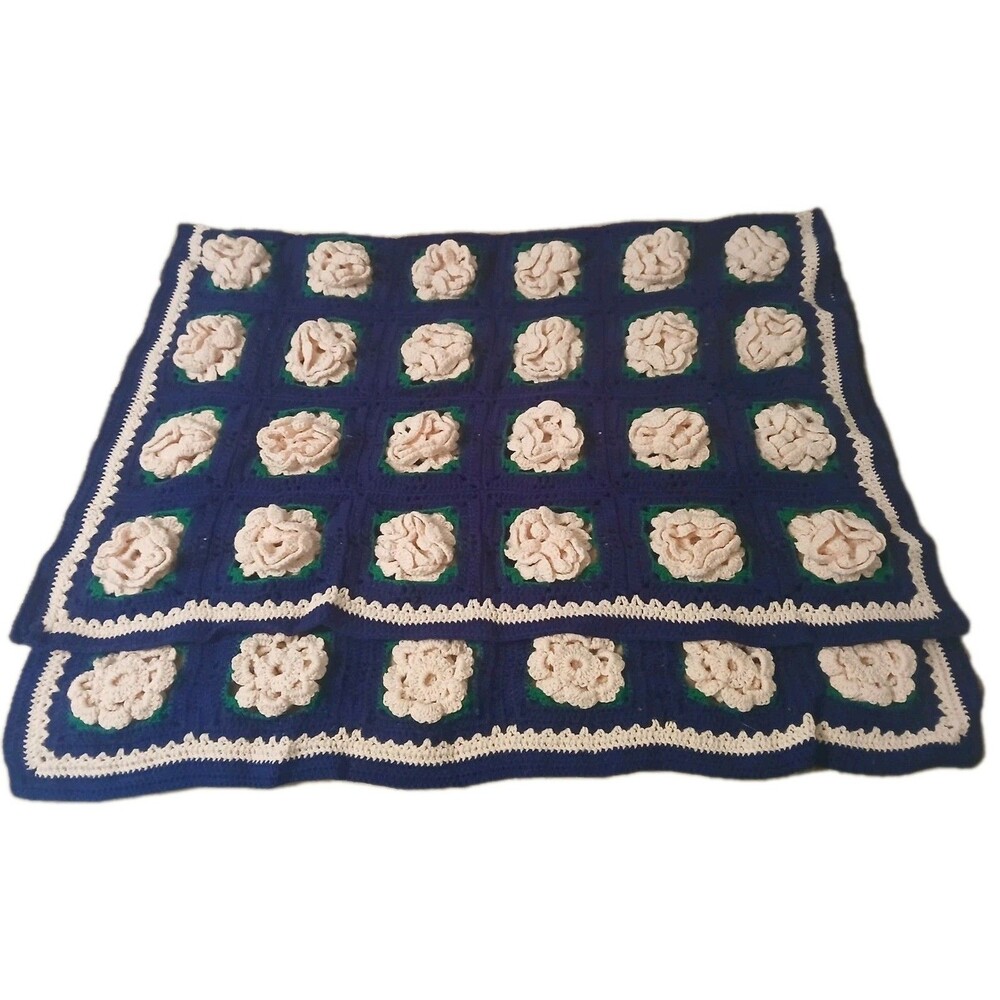 Vintage 3d Rose Granny Square  Handmade Crochet  Blanket Navy Pink 41x62 Cottage